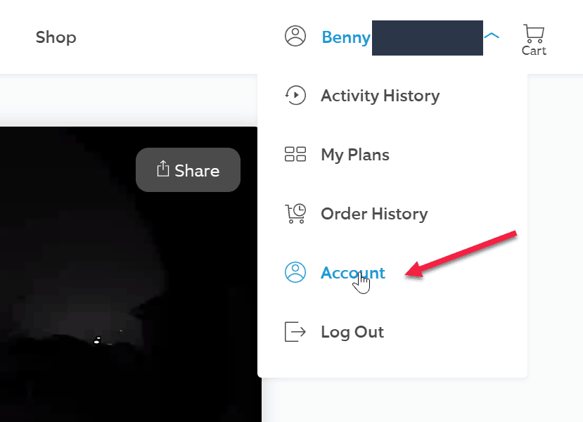 Ring website menu with "Account" highlighted