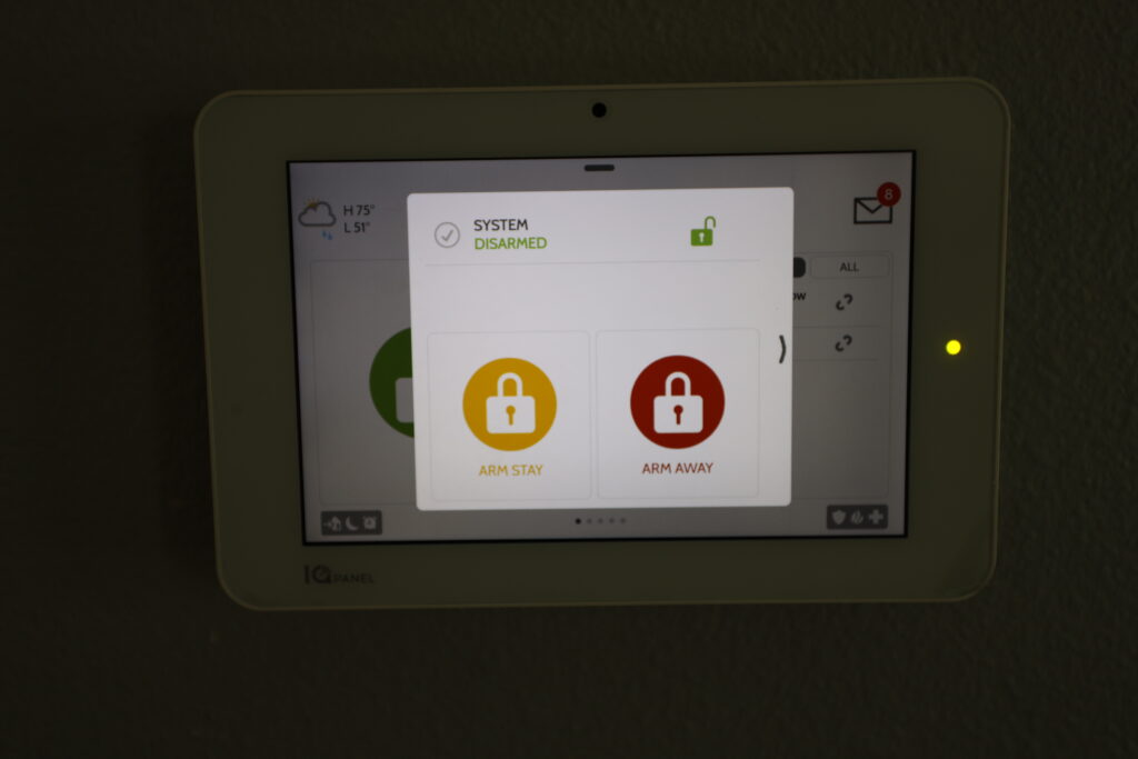 Alarm.com panel showing arm stay and arm away