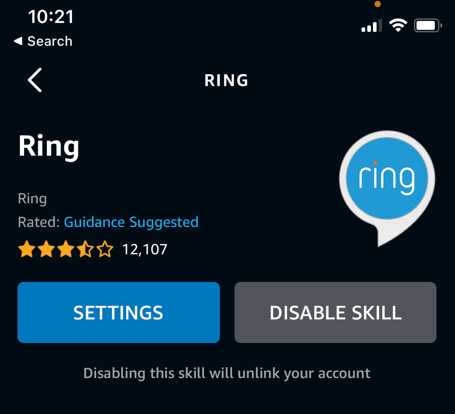 Screenshot of Ring Skill in Alexa App