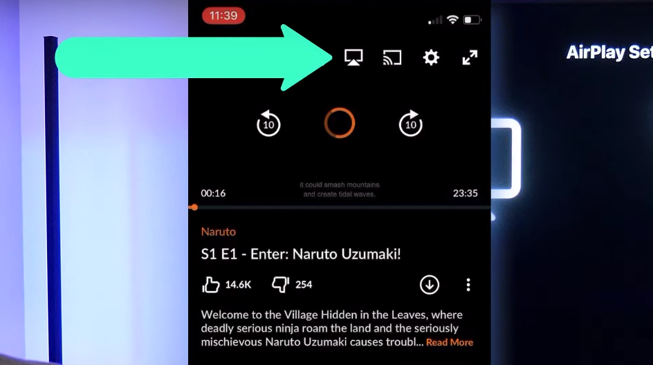 Crunchyroll app with arrow pointing to airplay icon