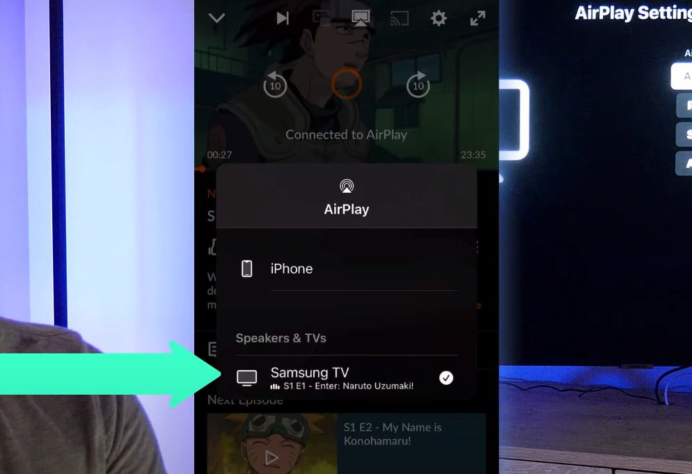 Selecting samsung tv from Airplay devices list on crunchyroll app