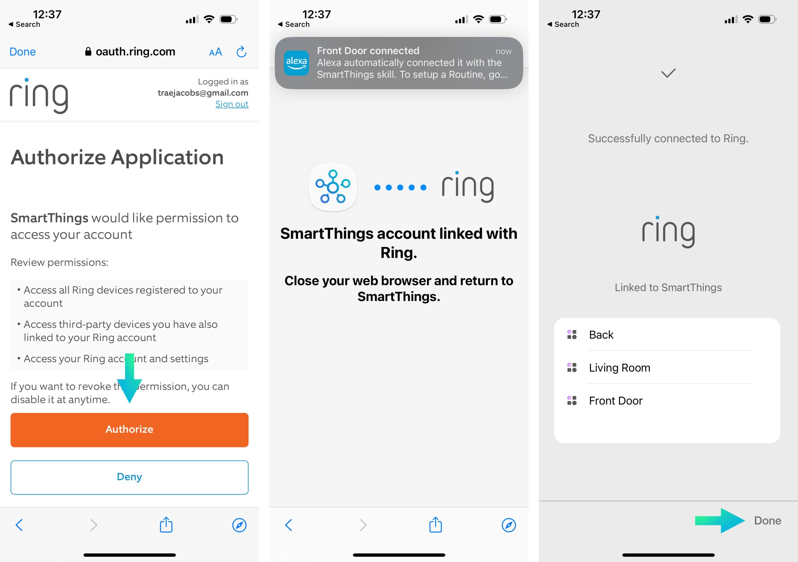 Authorize Ring in the SmartThings app