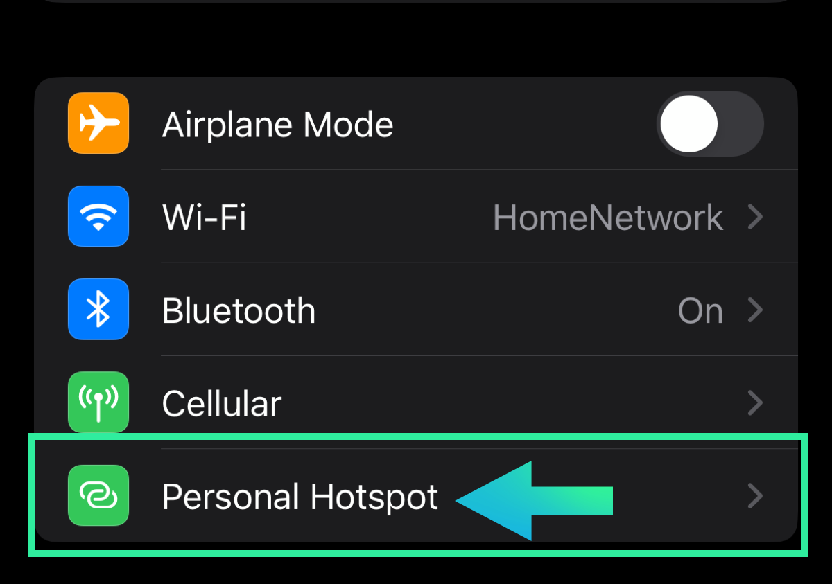 select personal hotspot