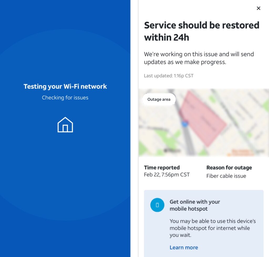 ATT outage message in the smart home manager app