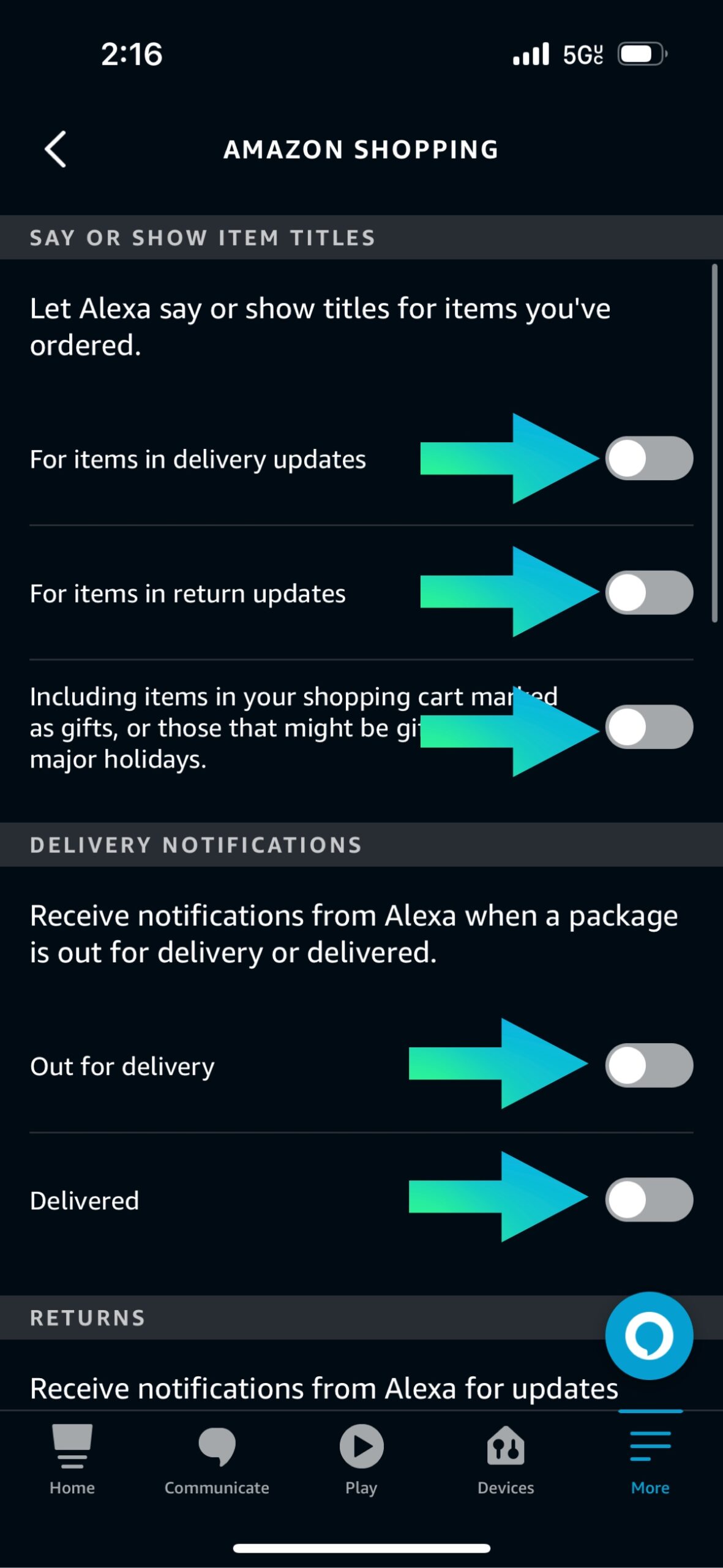 Toggle off shopping notifications