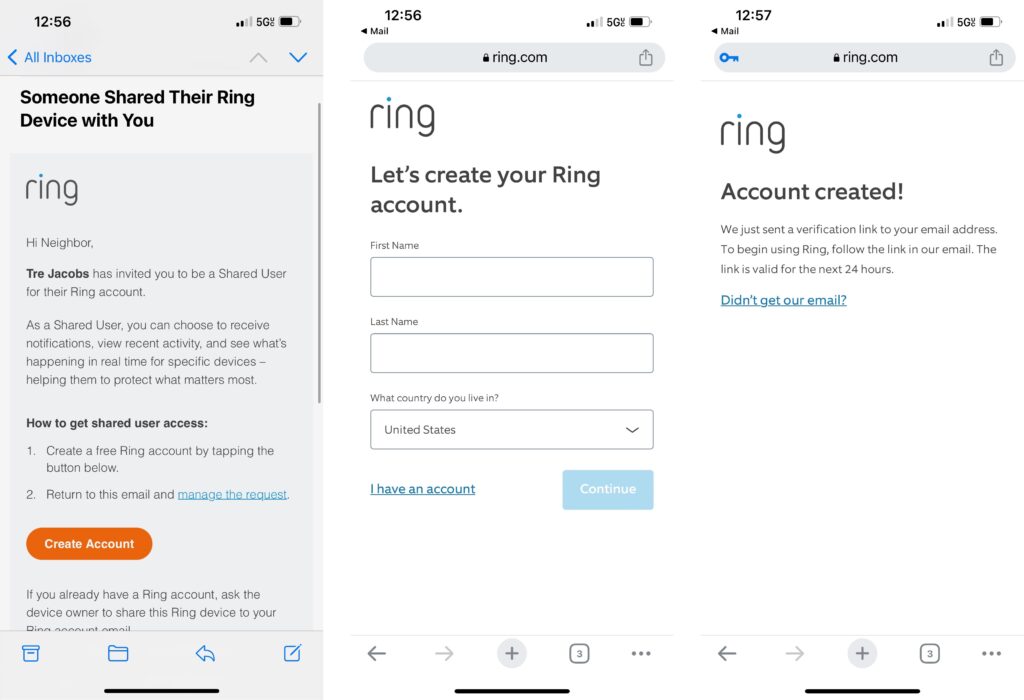 Email sent to new ring user and creating a new account