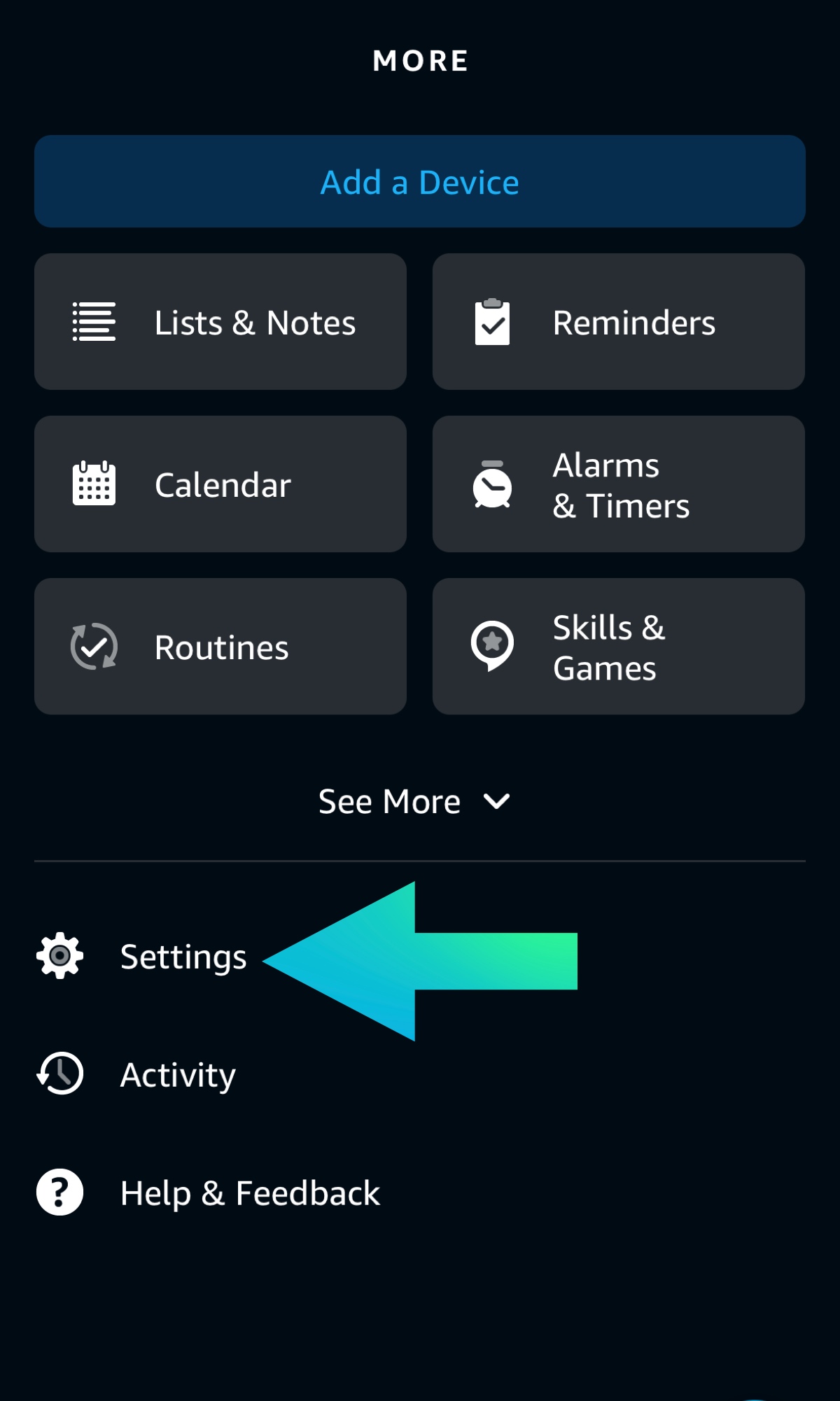 Settings in the More menu