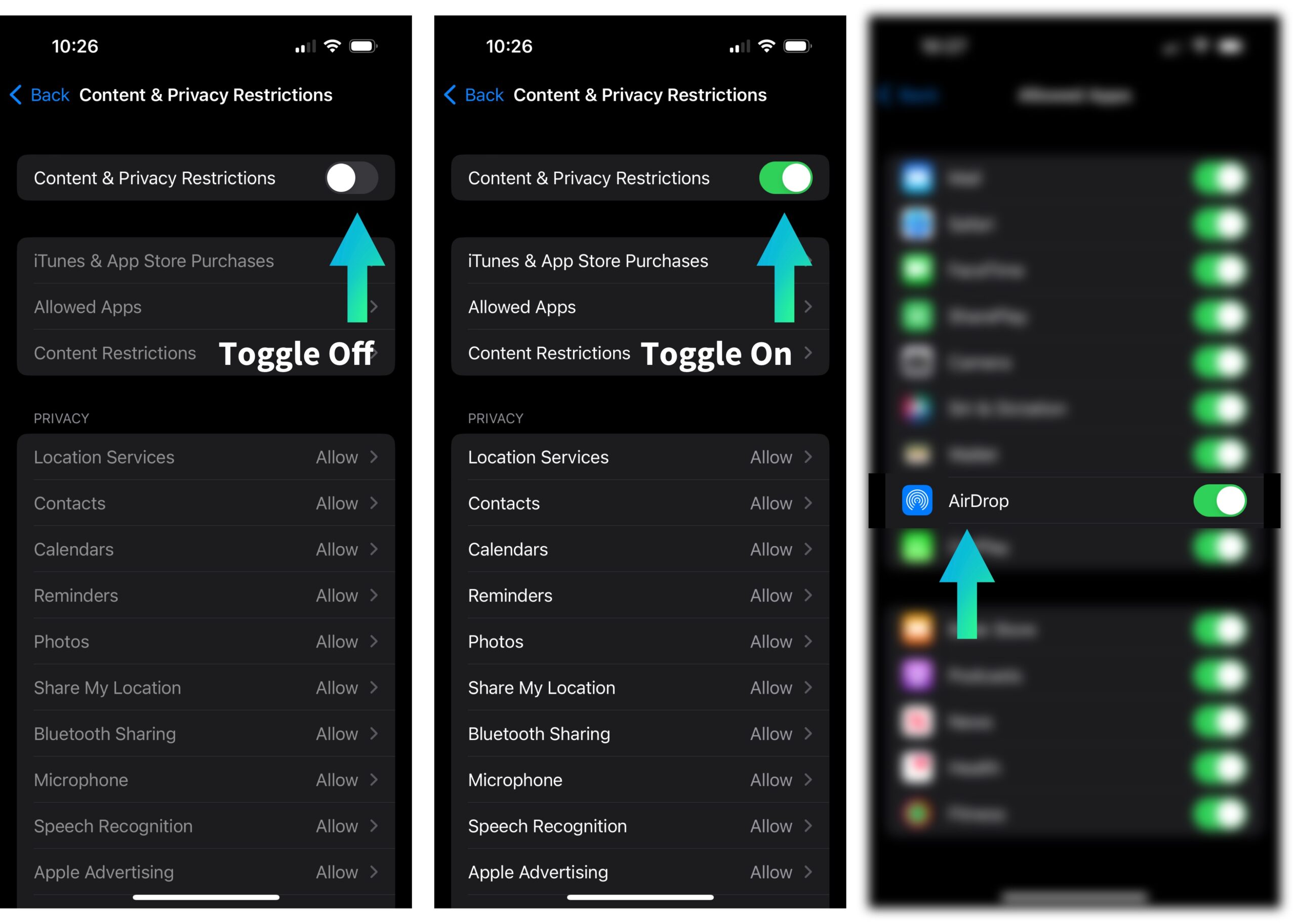 toggle on or off restrictions or allow airdrop