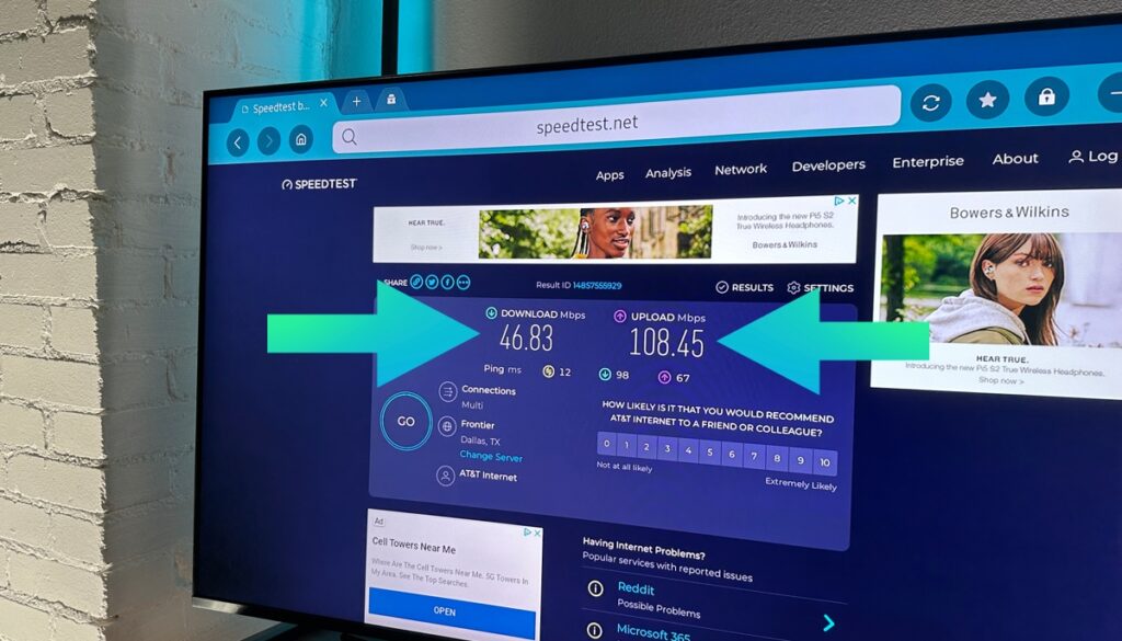 Speed test results on Samsung tv