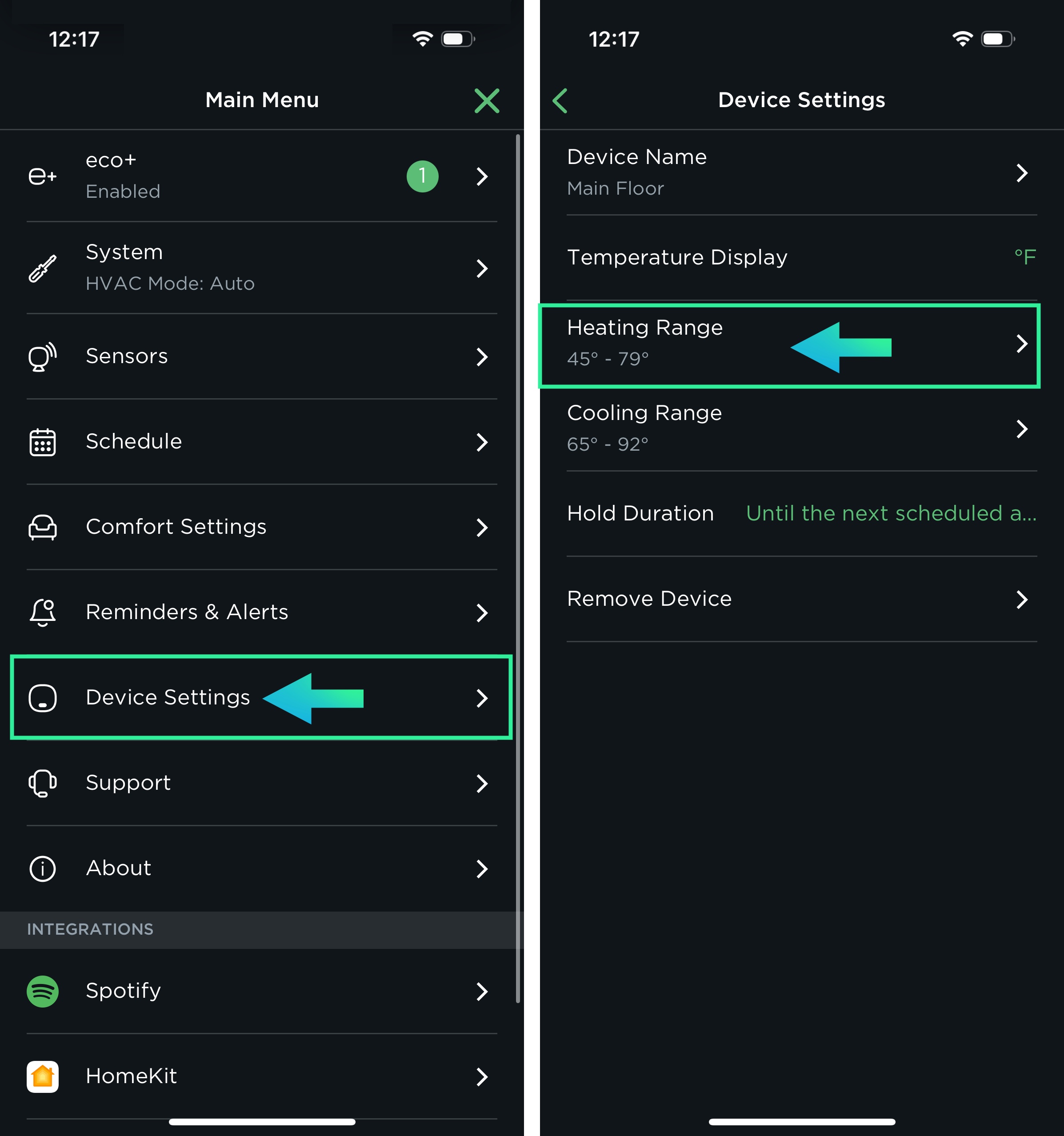 ecobee app. device settings then heating range