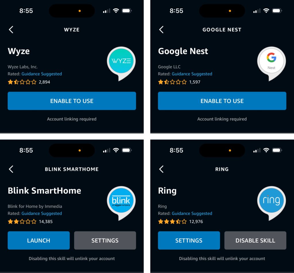 Alexa skills for blink, wyze, ring and google nest cameras