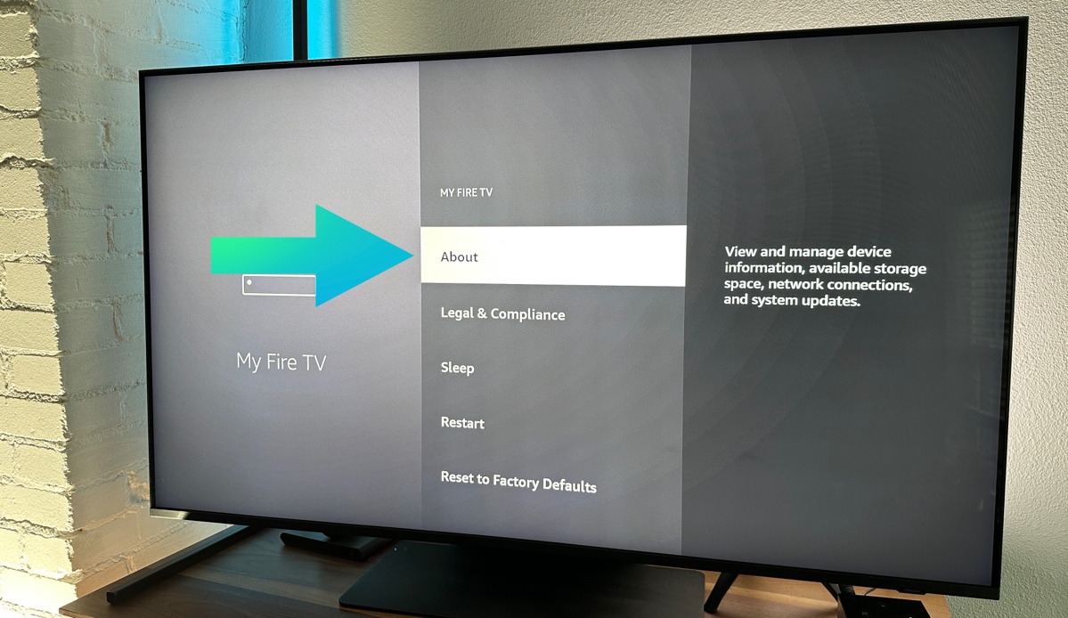 Select about in the Fire tv menu