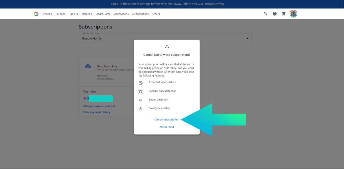 Nest aware subscription - confirm cancel