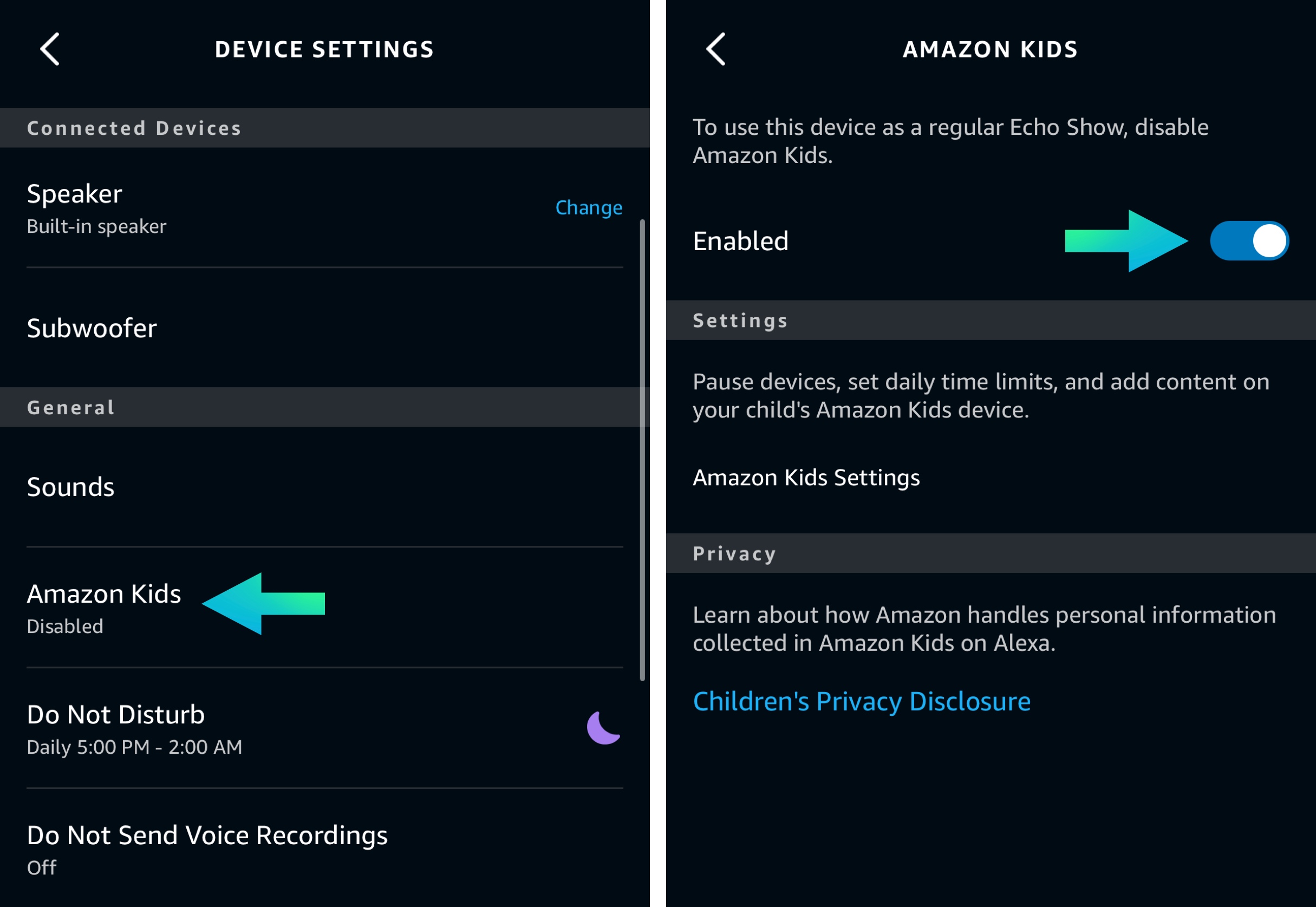 Amazon kids settings