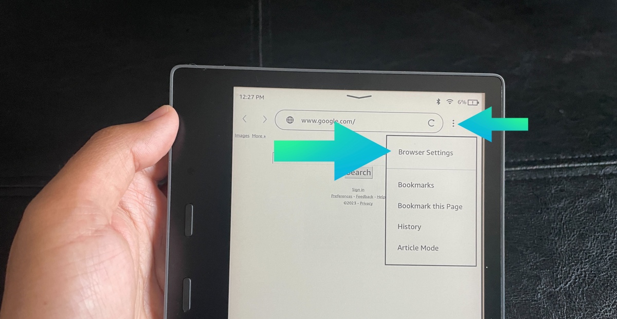 Kindle - open the settings in the web browser