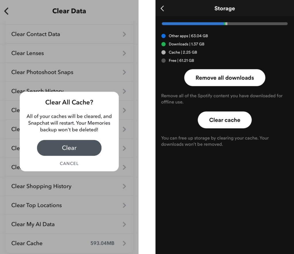 Clear cache on Spotify and Snapchat