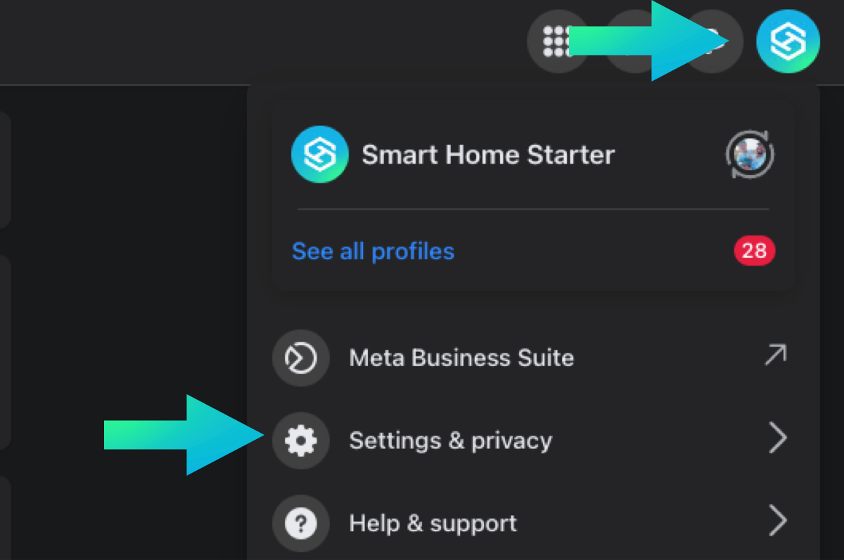 Facebook menu - settings and privacy