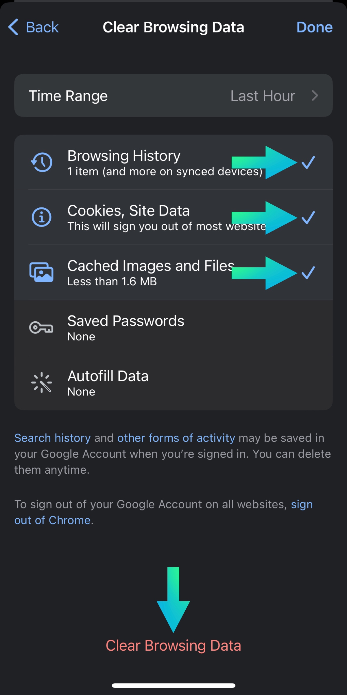 Select the data to be cleared and select clear browsing data