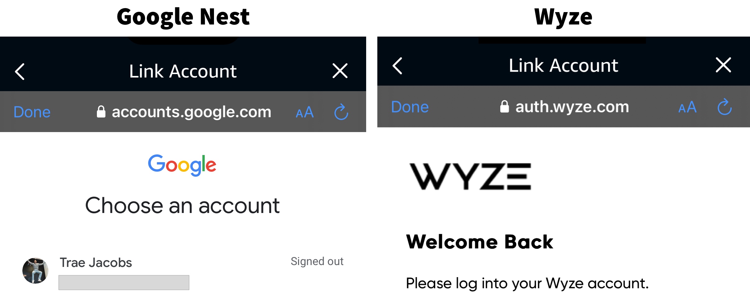 Log in and link camera ccount. Showing Wyze and Google Nest