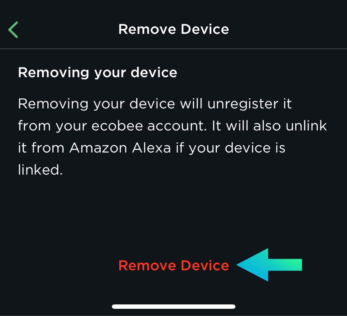 ecobee app - confirm remove device