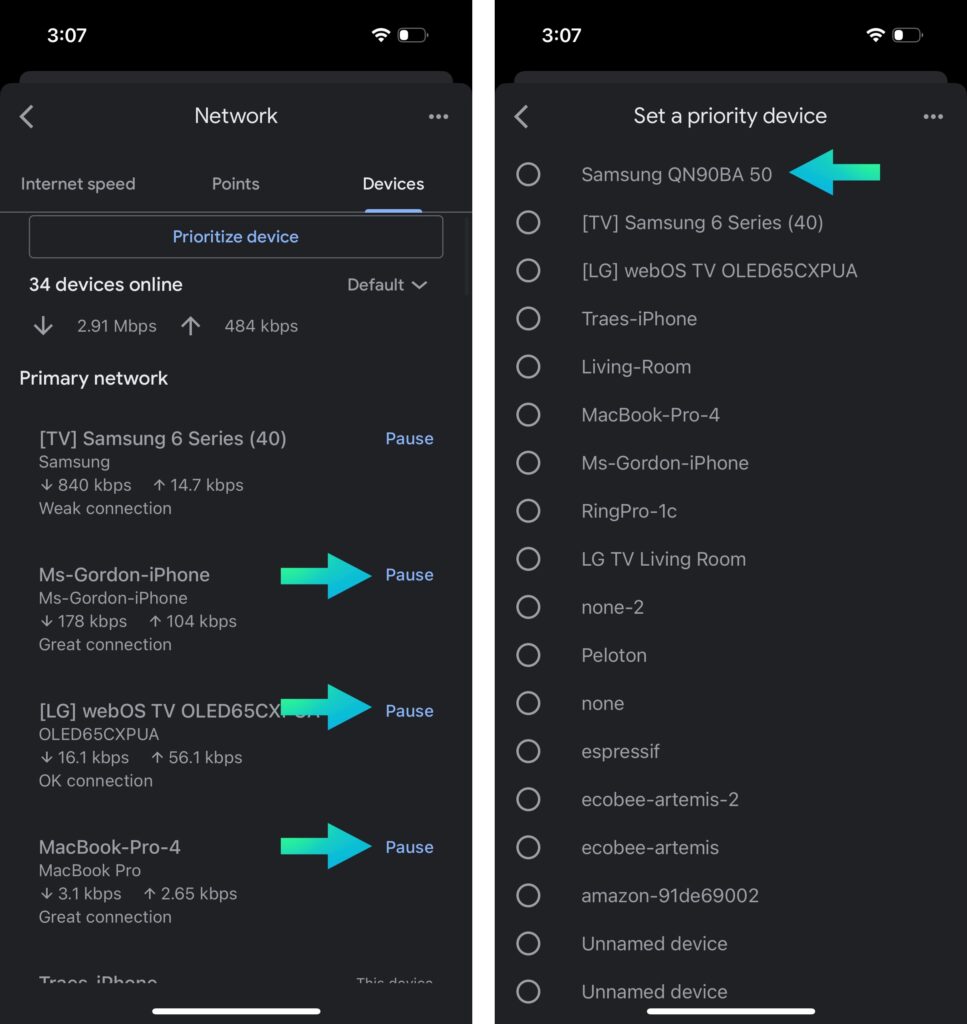 Pause or set a priority device in Google Nest wifi