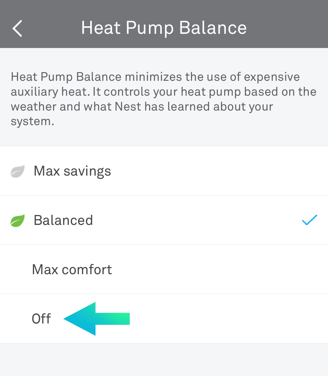 Nest app - heat pump balance turned off