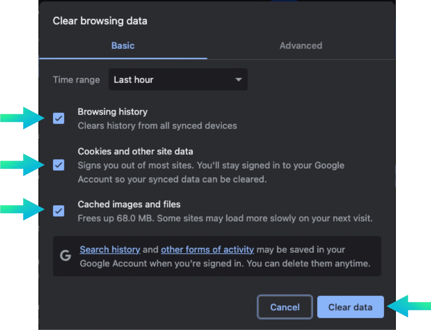 Google chrome - clear browsing data