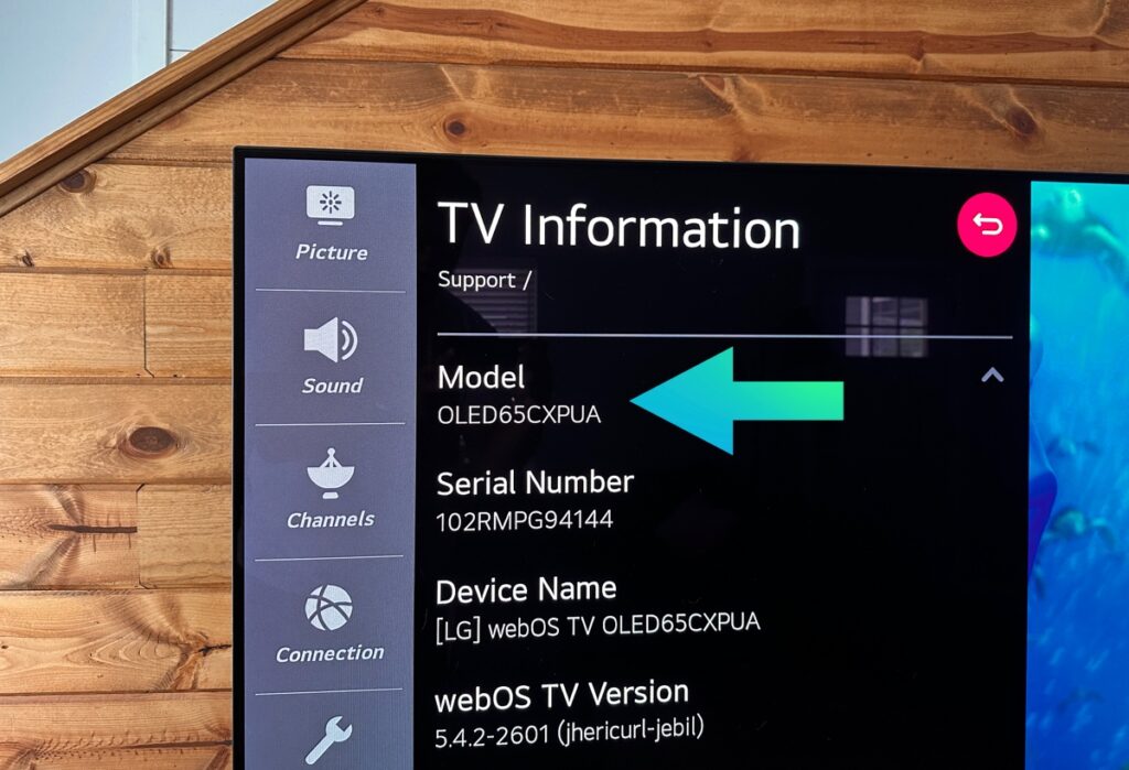 Model number on LG TV