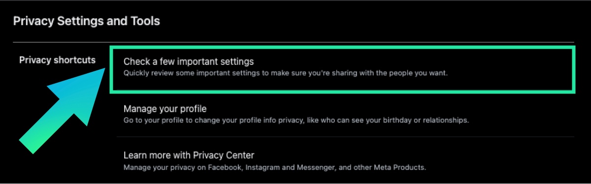 Check privacy settings on desktop for facebook