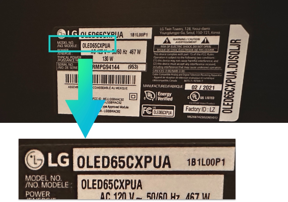 Model number on the back of the LG TV