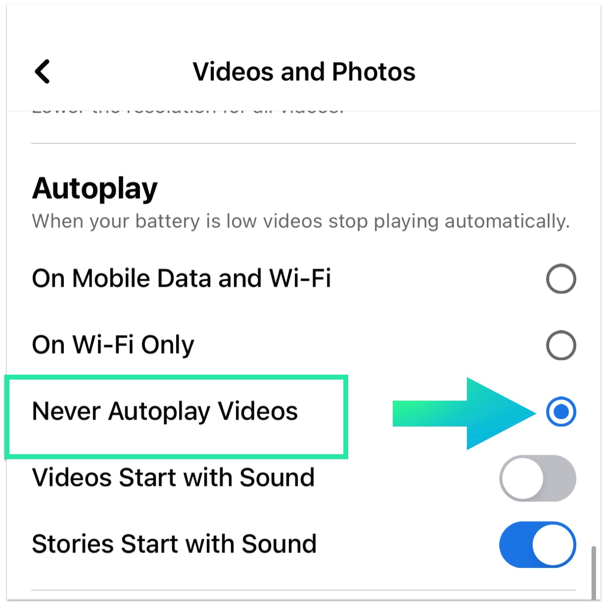 Facebook app - never autoplay videos