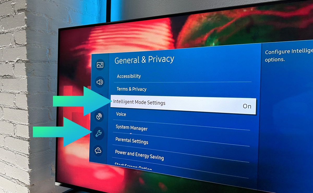 Samsung tv. intelligent mode settings. toggle on