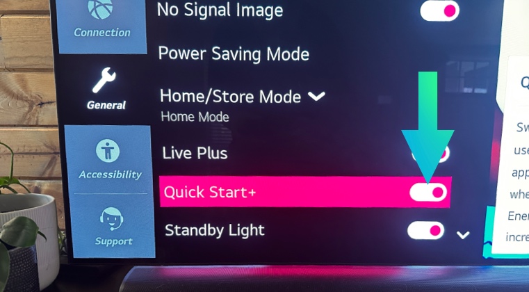 Quick Start+ may be causing your tv to turn off. Pictured on screen
