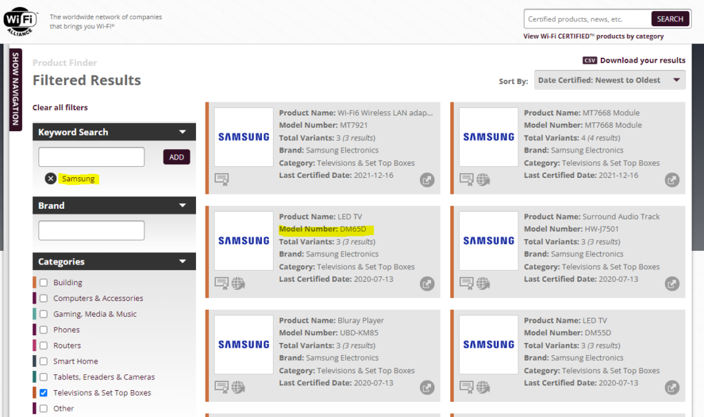 Screenshot of Wi-Fi alliance search result of Samsung TVs