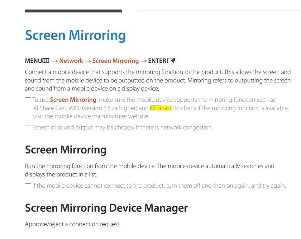 Screenshot of screen mirror from a samsung tv user manual