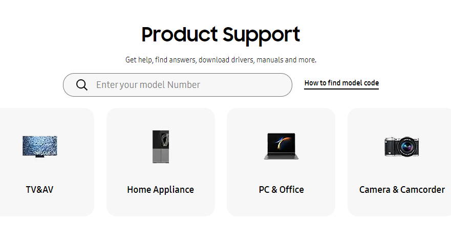 Screenshot of Samsung website to search for model number of device