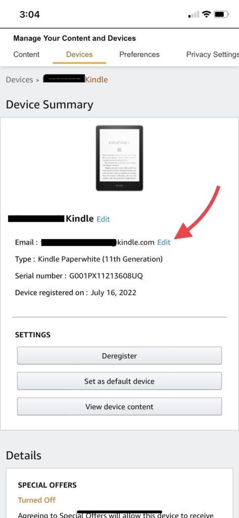 Screenshot of changing a Kindle email address