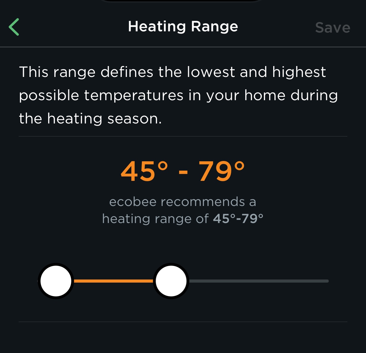 ecobee app. Heating range slider