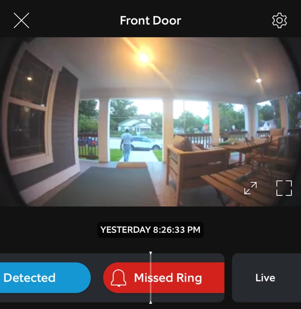 Ring doorbell of front door showing events