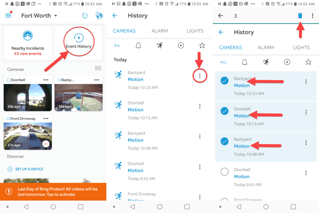 Screenshots of Ring app with instructions to delete videos