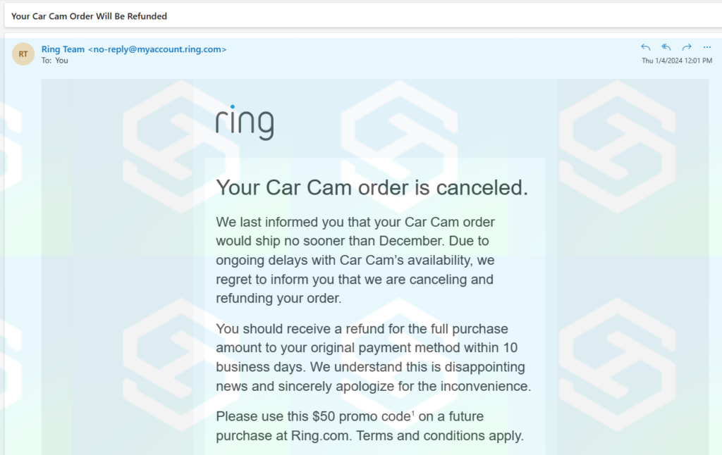 Email from Ring canceling a Car Cam order