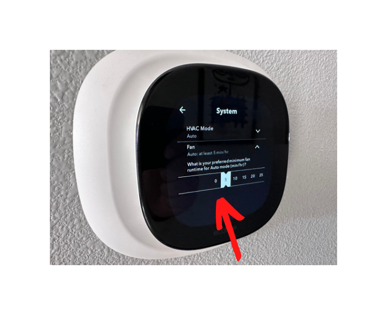 Screen on ecobee thermostat that allows you to control the minimum fan run time